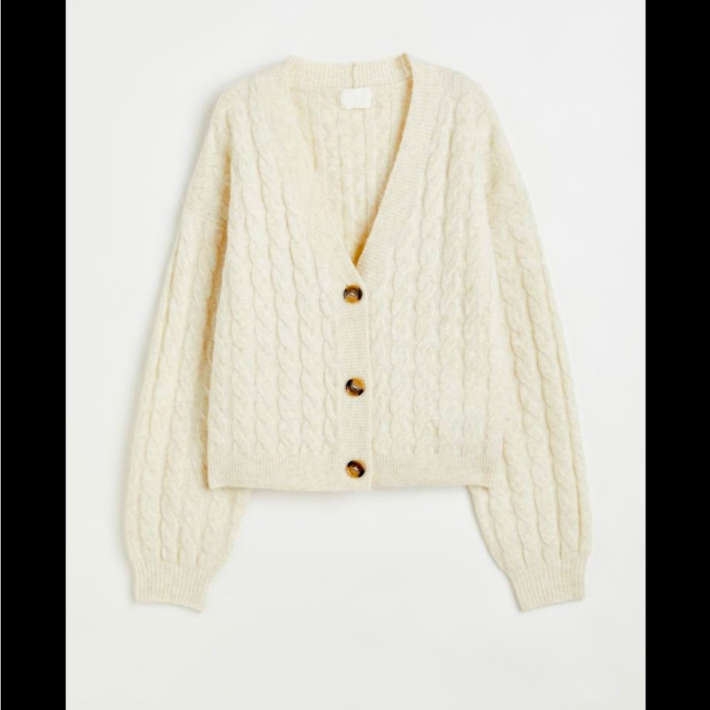 H&M sweater - cream/beige cable knit short button front cardigan wool blend